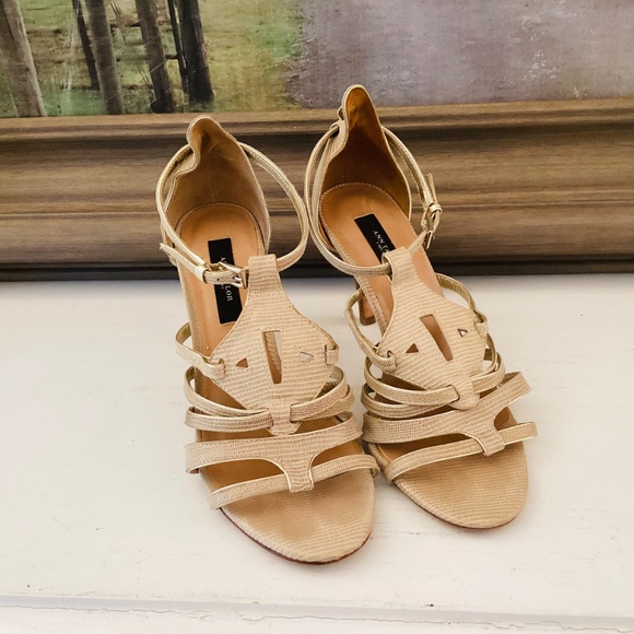 Ann Taylor Holly Gladiator Hight heels Beige Snakeskin 7.5 M Neutral Summer FLAW - Picture 5 of 16